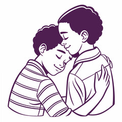 Two boys hugging with purple outlines brothers embrace