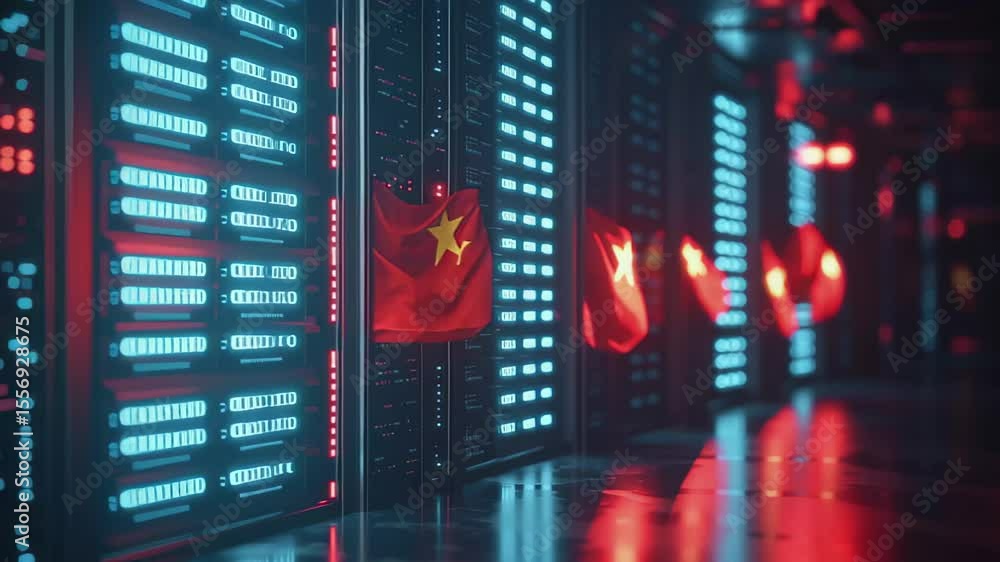 Poster flag of china waves amid advanced digital data processing environment in a server room, flag of chin