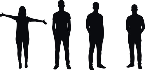 Silhouettes of various people standing in different poses against a white background studio shot