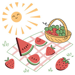 Sunny picnic with watermelon strawberries and grapes summer