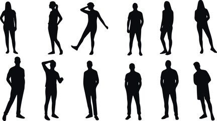 Silhouettes of various people standing in different poses against a white background studio shot