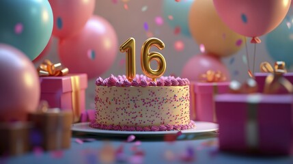 Sweet Sixteen Birthday Celebration with Cake Balloons and Pink Gift Boxes