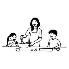 Cheerful mother and children cooking together family kitchen