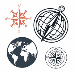 Compasses and globes navigation symbols direction travel