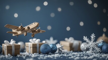 Whimsical Christmas airplane flying over gifts and ornaments under the moonlight