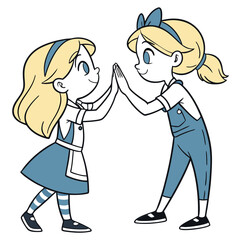 Two girls high five with blue dresses and blonde hair twins