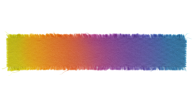 Horizontal strip of rough, tactile fabric with fibrous woven pattern, torn frayed edges, vibrant gradient orange-green to purple-blue, isolated on transparent background, shadowless studio light,
