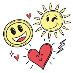 Cheerful yellow sun smiling happy face red heart vector