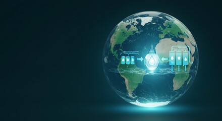 Fototapeta premium Futuristic concept of a global water and energy cycle. Digital illustration of planet Earth with glowing icons showing sustainable technology for water security.