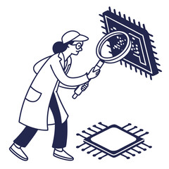 Person inspecting microchip with magnifying glass technician circuit