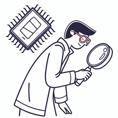 Technician examining microchip with magnifying glass science