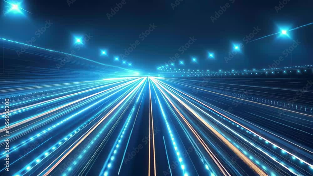 Poster bright light trails create dynamic patterns on a blue background in a vibrant nighttime setting, lig
