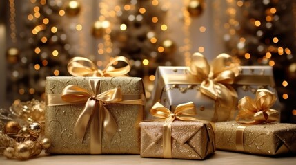 A luxurious golden gift box with a satin bow, set against a backdrop of warm, golden lights