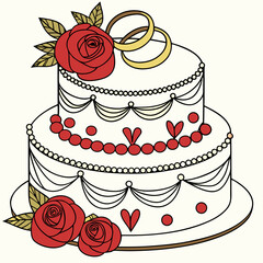 Two tiered wedding cake with red roses and gold rings anniversary cake celebration