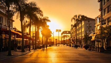Fototapeta premium Sunny urban street with palm trees and outdoor cafes