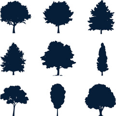 Vector set of different tree silhouette icons. Includes pine, oak, palm, and more. Perfect for nature, forest, and outdoor design themes.