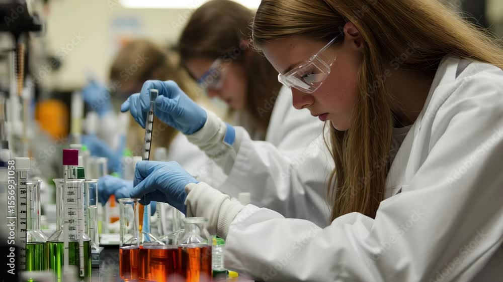 Poster group of scientists conducting experiments in laboratory using glassware and chemical solutions, vid