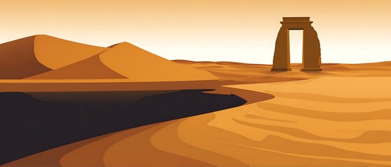 Desert landscape with ruins and lake