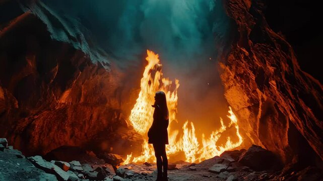 Explorer halted by wall of flames while navigating a cave's depths, Wall of flames stops female explorer in cave, solving puzzle shaky cam