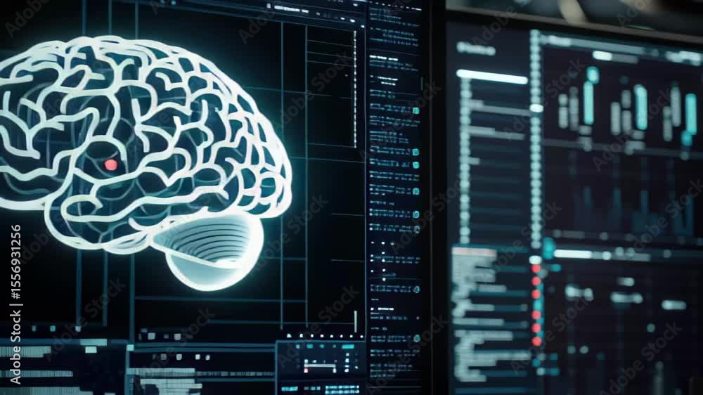 Poster exploring the intersection of human cognition and digital data processing in modern technology, huma