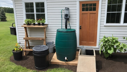 Rain barrel setup beside greenhouse garden