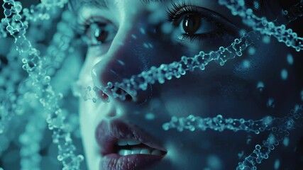 Digital representation of human DNA strands intertwined with a human face highlighting genetic connections, dna strands over digital human - Powered by Adobe