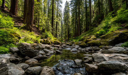 Sunlight filters through redwood forest, cascading creek