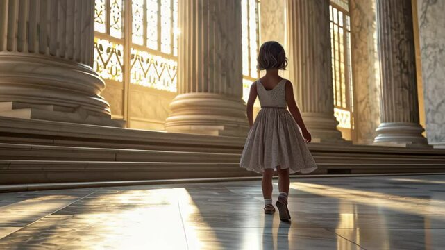 Young girl explores the Pantheon in a sundress during golden hour light, A young girl in a dress walking in the pantheon on Mamayev Kurgan