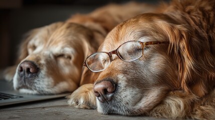 Golden Retrievers wearing glasses falling asleep during overtime work with laptop. A humorous take on workplace fatigue and dedication.