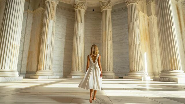 Young girl in a white dress explores the grand pillars of the Pantheon in serene light, A young girl in a dress walking in the pantheon on Mamayev Kurgan