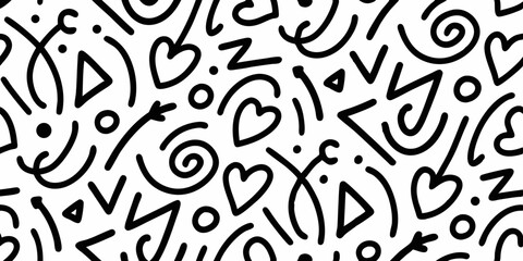 Abstract black and white doodle pattern with hearts swirls and geometric shapes
