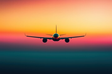 Fototapeta premium airplane flying into a vivid orange and pink sunset sky