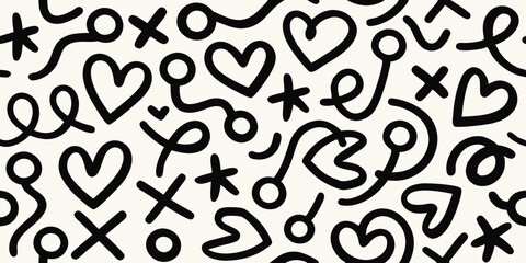 Playful black hand drawn hearts and abstract shapes on a cream background pattern