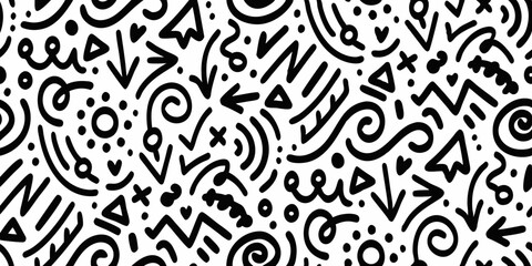 Abstract black and white doodle pattern with arrows and geometric shapes