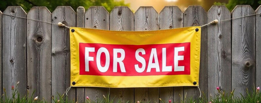 Vibrant For Sale Banner on Rustic Fence Perfect for Real Estate, Yard Sale, or Auction Marketing. Ideal for website, social media, and print advertising.