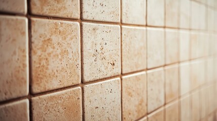Naklejka premium Close-up of beige textured ceramic tiles with grout lines, showing natural stone patterns and slight variations in color and texture.