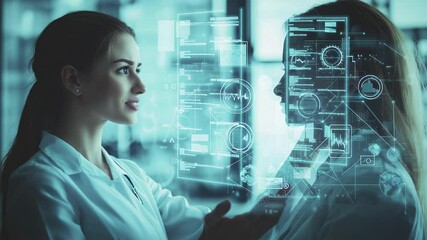 Business conversations between female doctors enhanced by digital technology in a modern office setting, business icons over caucasian female doctors talking - Powered by Adobe