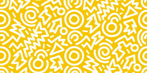 Retro memphis style pattern with white lightning bolts circles and triangles on yellow