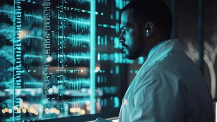 Scientist analyzing DNA strands and scientific data processing in a modern laboratory environment, DNA strand and scientific data processing over researcher in laboratory - Powered by Adobe