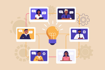 Diverse team collaborating on a bright idea connected by a central light bulb
