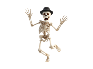 Happy skeleton in bowler hat jumping for joy halloween, Isolated On Transparent Background, Cut Out