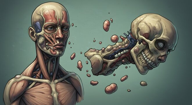 Detailed human anatomy illustration with &eacute;corch&eacute; muscle layers, featuring a separating skull and cervical vertebrae. A conceptual representation of biology.