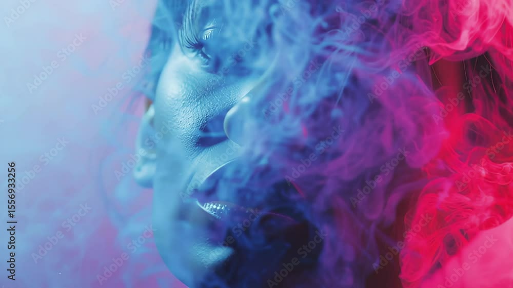 Leinwandbilder Colorful smoke transition mask effects creating dynamic visual art in profile silhouette, Smoke transition mask compositing element