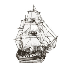 Vintage sailing ship illustration in black and white design  