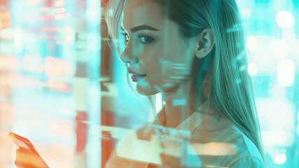 Financial analysis by a businesswoman using digital tools in a modern office environment during the daytime, financial data processing over caucasian businesswoman in office - Powered by Adobe