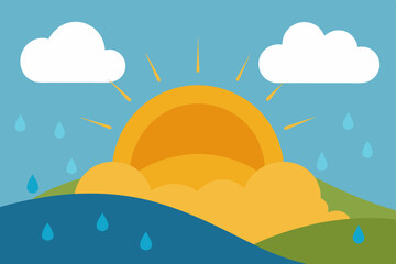 A vibrant vector illustration of a summer landscape featuring a sky with sun and clouds