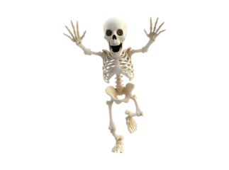 Happy skeleton jumping halloween fun spooky character 3d render, Isolated On Transparent Background, Cut Out