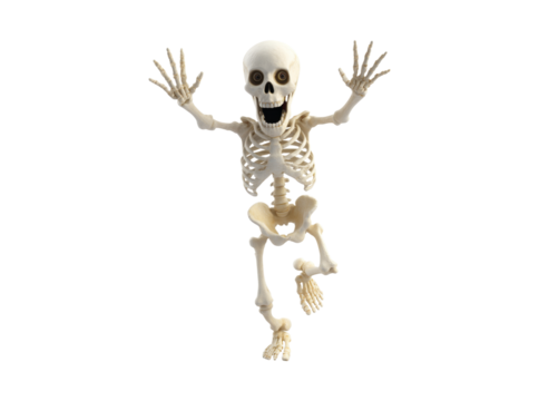 Happy skeleton jumping halloween fun spooky character 3d render, Isolated On Transparent Background, Cut Out
