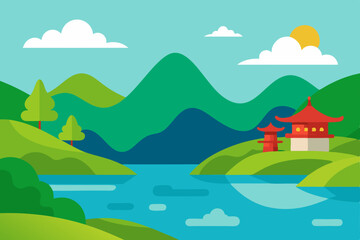 Fototapeta premium Mountain landscape vector illustration with green hills and blue sky