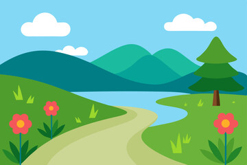Obraz premium Serene Spring Landscape Winding Path, Mountain Views, and Blooming Flowers